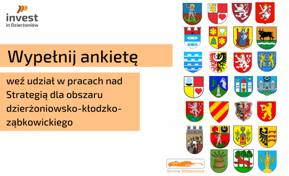 Herby 25 gmin i 3 powiatów oraz napis na pomarańczowym tle Wypełnij ankietę, weź udział w pracach nad Strategią dla obszaru dzierżoniowsko-kłodzko-ząbkowickiego