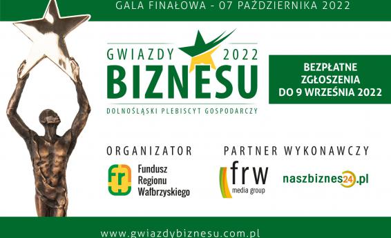 Plakat konkursu Gwiazdy Biznesu 2022, zawierajacy treści z artykułu.