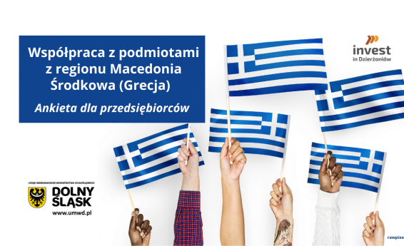 Współpraca z podmiotami z regionu Macedonia Środkowa (Grecja) - Ankieta  dla przedsiębiorcówRęce z flagami Grecji napis 