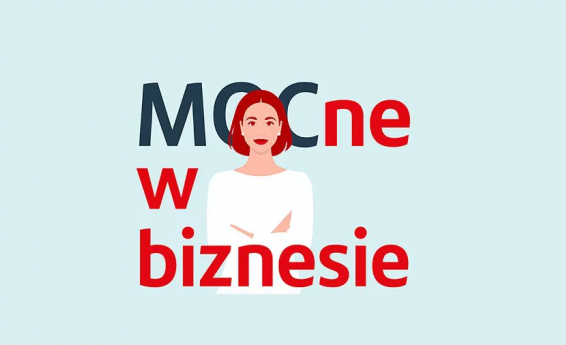 Bladoniebieskie tło, na śrdoku napis MOCne w biznesie i wizerunek kobiety