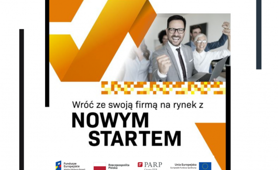 Wróć ze swoją firmą na rynek z Nowym Startem. Grupa uśmiechniętych ludzi.Na dole logotypy Funduszy Eropejskich, PARP oraz flaga Polski i Unii Europejskiej. 