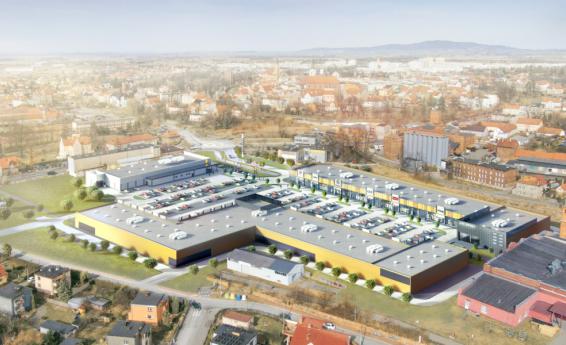 Wizualizacja przedstawiająca centrum handlowe w Dzierżoniowie z lotu ptaka