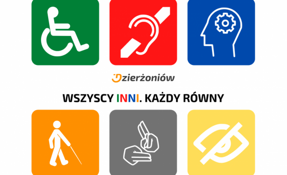 Dzień osób z niepełnosprawnością. Wszyscy inni, każdy równy. W tle ikonki z rodzajami niepełnosprawności.