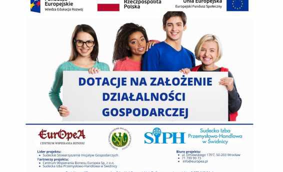 Plakat informujący o dotacjach na założenie działalności gospodarczej. Pod spodem informacje zgodne z treścią artykułu.