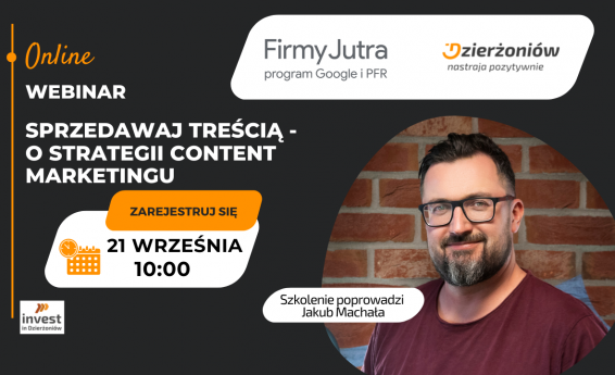 Grafika informująca o bezpłatnym webinarze "Sprzedawaj treścią- o strategii w content marketingu”