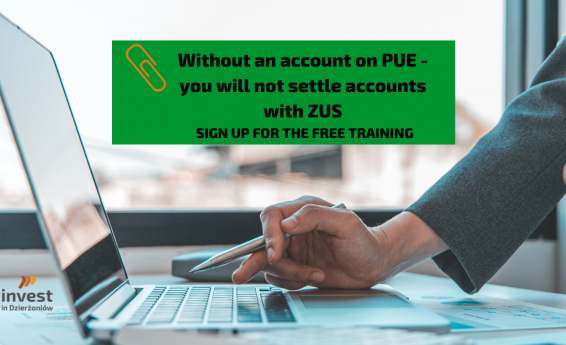 You will not create an account - you will not settle accounts with ZUS. Sign up for a free training course. In the background, an open laptop and a hand holding a pen.