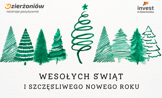 Zielone choinki na kremowym tle. Pod spodem napis: Wesołych Świąt i szcześliwegob Nowego Roku