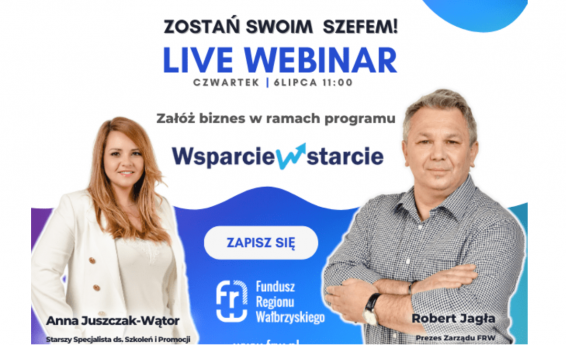 Napis zostań swoim szefem - webinar. W tle kobieta i mężczyzna.