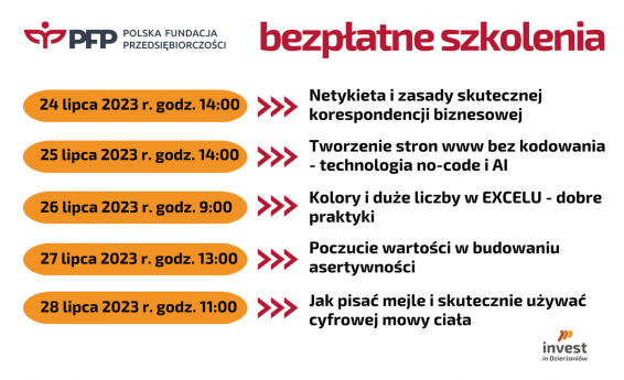 Obraz przedstawia harmonogram bezpłatnych szkoleń organizowanych przez Polską Fundację Przedsiębiorczości.