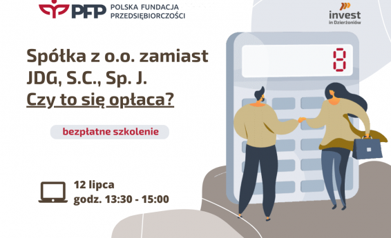 Po lewej stronie napis Spółka z o.o. zamiast JDG, S.C., Sp. J. - Czy to się opłaca? Po prawej stronie kobieta i mężczyzna podający sobie ręce. W tle kalkulator.