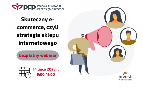 Grafika zawiera po lewej stronie napis Skuteczny e-commerce, czyli strategia sklepu internetowego. Po prawej stronie mężczyzna mówiący przez megafon.
