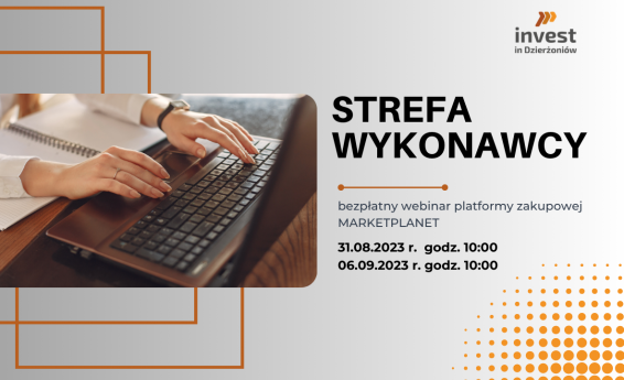 Po prawej stronie napis Strefa Wykonawcy bezpłatny webinar platformy zakupowej Marketplanet. Terminy 31 sierpnia i 6 września 2023 roku. Po lewej stronie grafika dekoracyjna.
