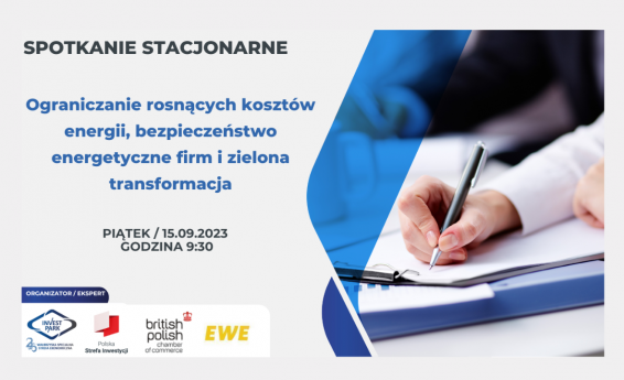 Po lewej stronie napis Ograniczanie rosnących kosztów energii, bezpieczeństwo energetyczne firm i zielona transformacja. Po prawej stronie grafika dekoracyjna.
