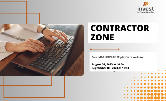 On the right side, the words Contractors Zone free webinar of the Marketplanet purchasing platform. Dates August 31 and September 6, 2023. Decorative graphics on the left.