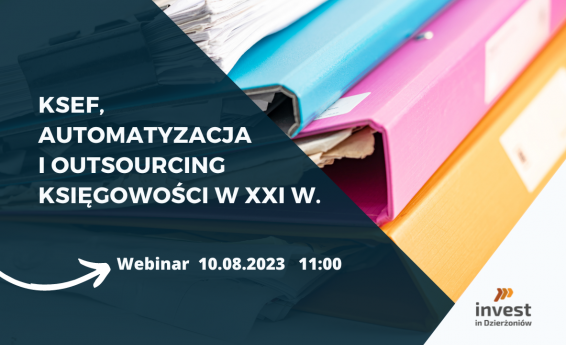 Napis KSeF, automatyzacja i outsourcing księgowości w XXI w. W tle kolorowe segregatory.