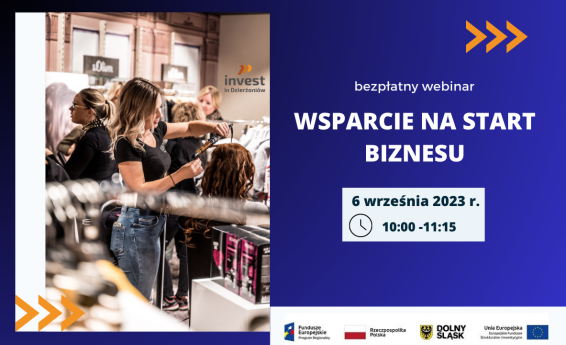 Na granatowym tle po lewej stronie zdjęcie. Kobieta układa włosy na fryzjerskiej główce treningowej. Po prawej stronie napis Wsparcie na start biznesu, bezpłatny webinar. Termin 6 września 2023 o godzinie 10:00 do 11:15.