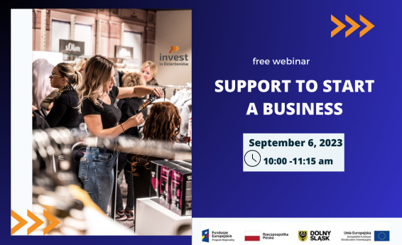 The photo on the left is on a navy blue background. A woman arranges her hair on a hairdressing training head. On the right side, the inscription Support for starting a business, free webinar. Deadline September 6, 2023 at 10:00 to 11:15.