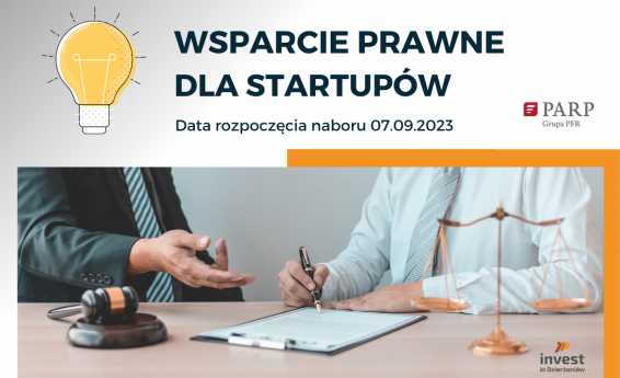 Na szarym tle u góry strony napis Wsparcie prawne dla startupów. Data rozpoczęcia naboru 7 września 2023 roku. Na dole strony grafika dekoracyjna.