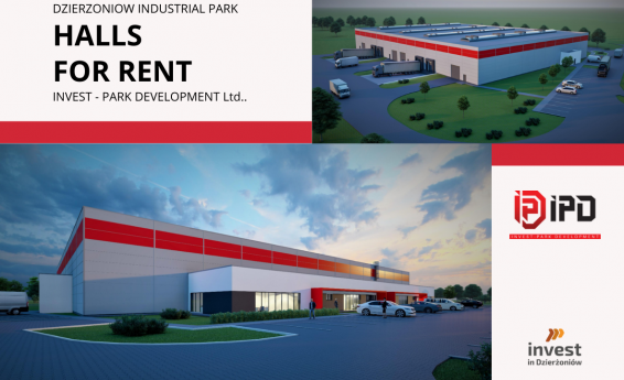 Dzierżoniowski Industrial Park - halls for rent. View of the production halls. On the right side, the Invest Park Development and Invest in Dzierżoniów logos.
