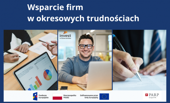 Na granatowym tle napis Wsparcie firm w okresowych trudnościach. Pod napisem grafika dekoracyjna oraz loga: Dofiansowane przez Unię Europejska, Fundusze Europejskie, Rzeczypospolita Polska, Polska Agencjia Rozwoju Regionalnego.