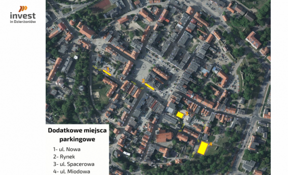 Mapa centrum Dzierżoniowa z zaznaczonymi  nowymi parkingami przy ulicach: Nowa, Spacerowa, Miodowa i Rynek.