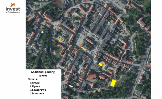 Map of the center of Dzierżoniów with new parking lots marked at the streets: Nowa, Spacerowa, Miodowa and Rynek.