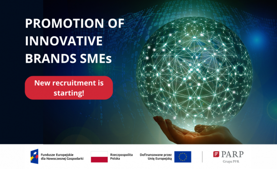 Brand promotion of innovative SMEs. New recruitment is starting. Decorative graphics in the background. Below the graphic there are logos: European Funds for a Modern Economy, Republic of Poland, Polish Agency for Enterprise Development.