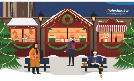 Drawing of Christmas shopping stands, benches and people in front of them.