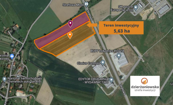 Wycinek mapy z zaznaczonym terenem inwestycyhnym łącznie 5,63 ha.W prawym dolnym rogu logo Dzierżoniowska strefa inwestycji.