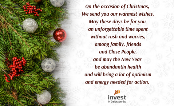 Christmas wishes. On the left side there are Christmas graphics, spruce branches, colorful baubles.