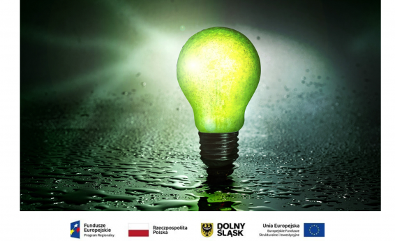 A green, glowing bulb on a dark background. Below the graphic of the European Union logo, the Polish flag.