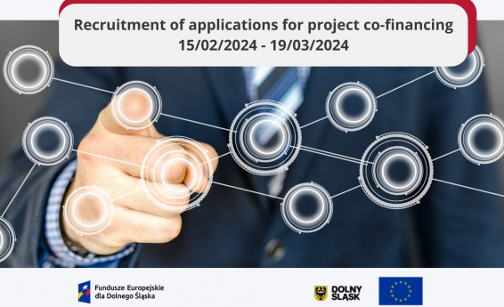 Call for applications for project co-financing from February 15, 2024 to March 19, 2024. Decorative graphics in the background. Under the graphic, the logo of the European Funds for Lower Silesia, Lower Silesia, and the European Union flag.