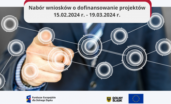 Nabór wniosków o dofinansowanie projektów 15.02.2024 r. - 19.03.2024 r. W tle grafika dekoracyjna. Pod grafiką loga Fundusze Europejskie dla Dolnego Śląska, Dolny Śląsk , Flaga Unii Europejskiej.