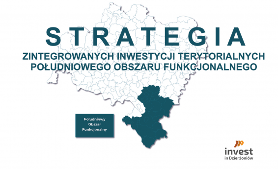 Obrys Województwa Dolnośląskiego na nim napis strategia. W prawym dolnym rogu logo Invest in Dzierżoniów