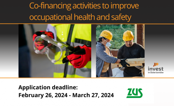 Co-financing activities to improve occupational health and safety. Deadline for submitting applications for funding: February 26, 2024 - March 27, 2024. In the background, two people wearing protective helmets are working on a construction site. Logos of the Social Insurance Institution and Invest in Dzierżoniów.