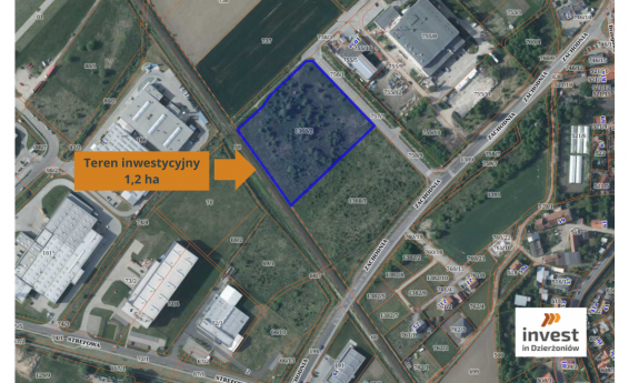 Wycinek mapy Dzierżoniowa z zaznaczonym terem inwestycyjnym 1,2 ha. W lewym dolnym rogu logo Invest in Dzierżoniów.