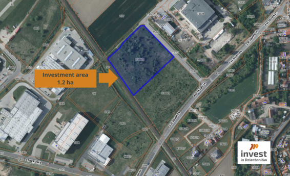 A section of the map with the outline of the plot marked. Investment area 1.2 ha. Invest logo in Dzierżoniów