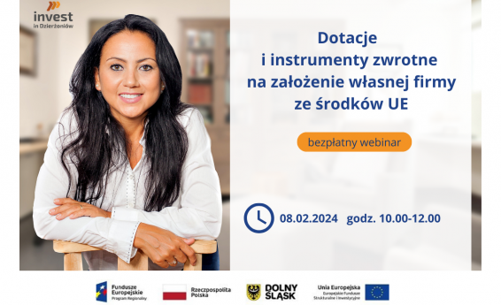 Dotacje i instrumenty zwrotne na założenie własnej firmy ze środków UE, bezpłatny webinar, Termin: 8 lutego 2024 roku godzina od 10:00 do 12:00. Po prawej stronie kobieta uśmiecha się. Na dole logotypy: Fundusze Europejskie Program Regionalny, Rzeczpospolita Polska, Dolny Śląsk, Europejskie Fundusze Strukturale i Inwestycyjne.