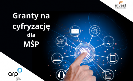 Granty dla MŚP. Logo Agencji Rozwoju Przemysłu S.A. oraz Invest in Dzierżoniów. W tle grafika dekoracyjna.