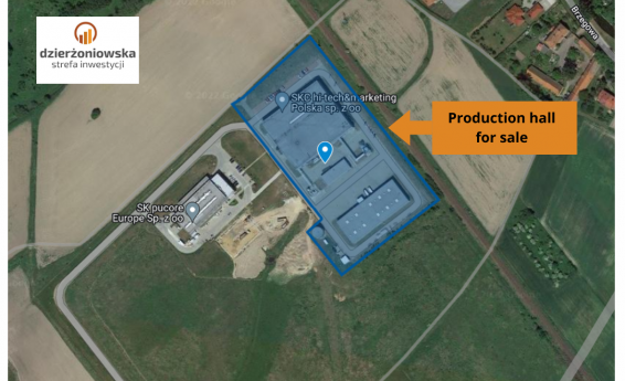 A section of the map with the outline of the plot marked along with the hall for sale. Logo:  Dzierżoniów Investment Zone