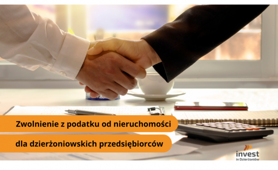 Zwolnienie z podatku od nieruchomości dla dzierżoniowskich przedsiębiorców.  Uścisk dłoni. Logo Invest in Dzierżoniów.