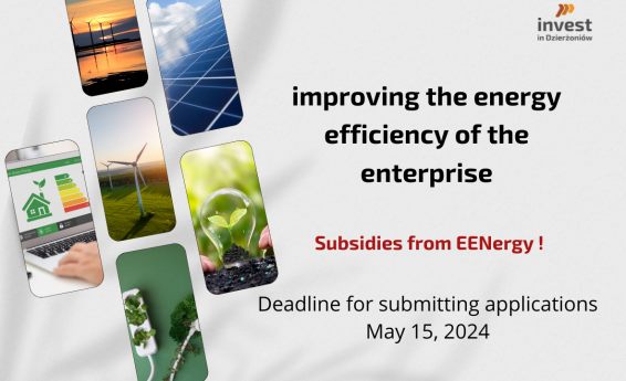 Improving energy efficiency within the EENergy project. Deadline for submitting applications: May 15, 2024. On the right side there is a decorative graphic about ecology. In the upper right corner, the Invest in Dzierżoniów logo.