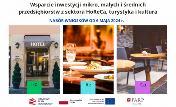 Wsparcie inwestycji mikro, małych i średnich przedsiębiorstw z sektora HoReCa, turystyka i kultura. Nabór od 6 maja 2024 r. Grafika: wejscie do hotelu, stolik z potrawą w restauracji, widok wnętrza kawiarni. Na dole logo: Krajowy Plan Odbudowy, Rzeczpospolita Polska, Sfinansowane przez Unię Europejską, Polska Agencja Rozwoju Przedsiębiorczości.