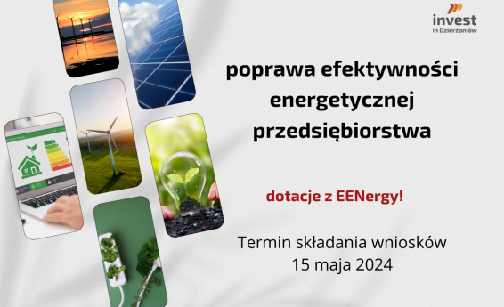 Poprawa efektywności energetycznej w ramach projektu EENergy. Termin składania wniosków 15 maja 2024. Po prawej stronie grafika dekoracyjna dotycząca ekologii. W prawym górnym rogu logo  Invest in Dzierżoniów.