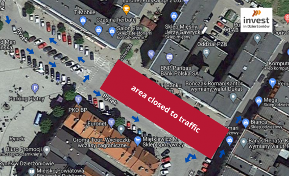 The area closed to traffic is marked in red. Aerial view of part of the Market Square in Dzierżoniów. Blue arrows indicate the direction of movement for vehicles.