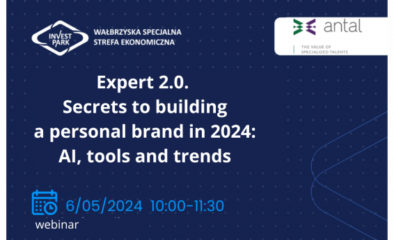 Inscription on a navy blue background: Expert 2.0. Secrets of building a personal brand in 2024: AI, tools and trends - online training. Date: May 6, 2024, 10:00 a.m. - 11:30 a.m. Logo of WSSE Invest-Park, Antal.