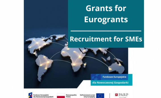 Eurogrants - recruitment for SMEs has started. In the background, the outlines of the continents on a navy blue background. Under the graphic, the logo: European Funds for a Modern Economy, Republic of Poland, Co-financed by the European Union, PARP PFR group.