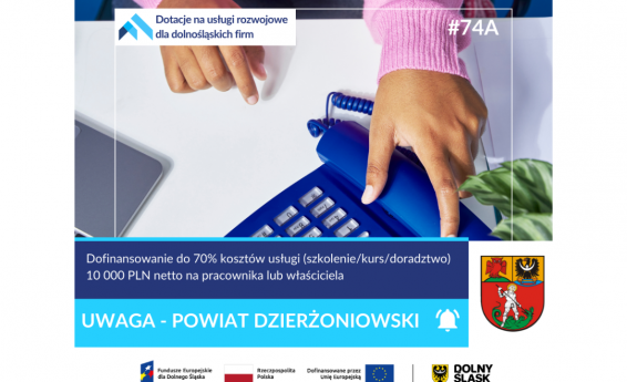 Plakat informujący o projekcie Dotacje na usługi rozwojowe dla dolnośląskich firm. Treść plakatu zgodna z treścią artykułu.