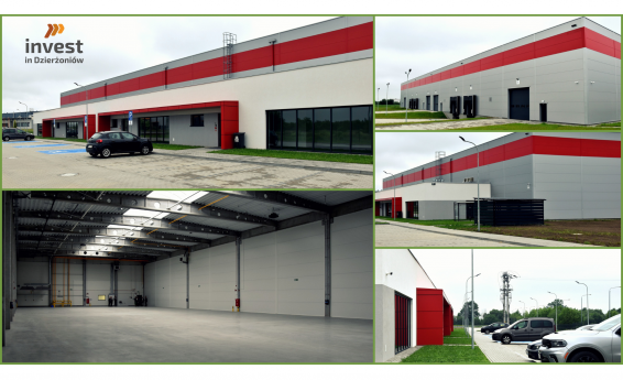 Photo collage. View of the production and warehouse hall from the outside and inside. Invest in Dzierżoniów logo.