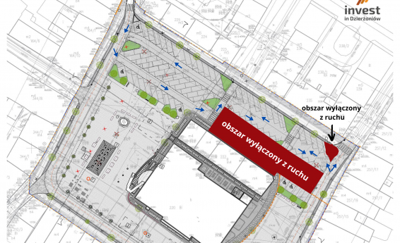 Wycinek mapy pokazujący Rynek Dzierżoniowa z zaznaczonymi obszarami na których prowadzone są prace remontowe. Logo Invest in Dzierżoniów.